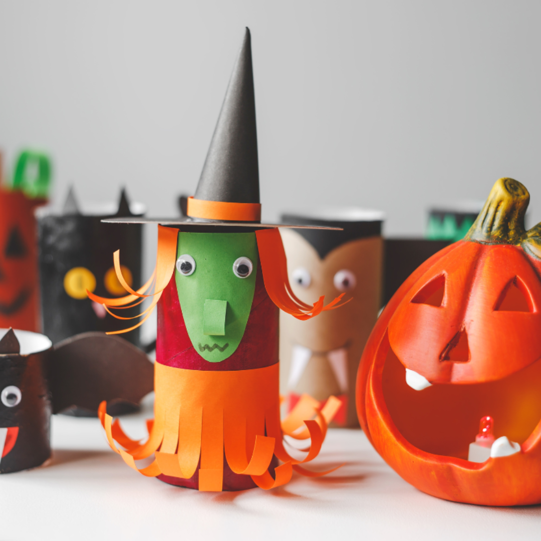 A picture of colourful Halloween monsters made of card and paper