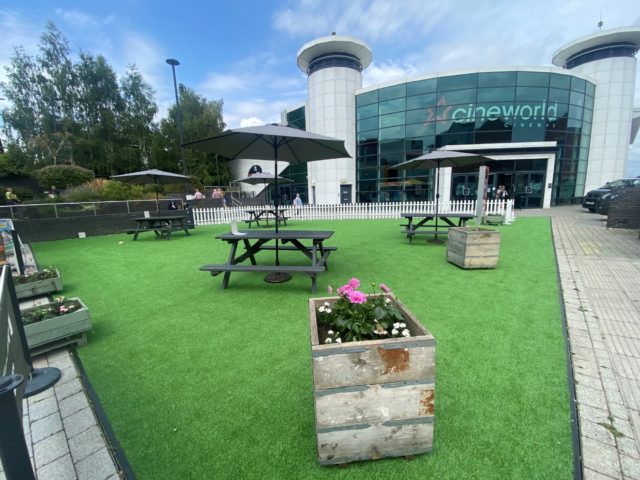 The garden party set up in the courtyard area outside Cornerstone.