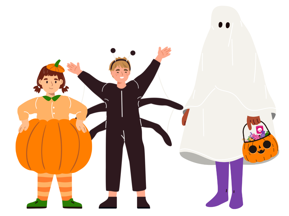 An image of three people dressed in Halloween costumes of a pumpkin, spider and ghost.