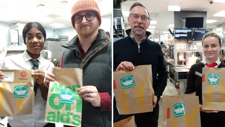 Photos showing Cllr Sam James-Lawrie and the McDonald's in Didcot with Assistant Manager Leyla Shabani and Cllr Mark Coleman at the McDonalds in Abingdon with Shift Manager Anamaria Mudura.