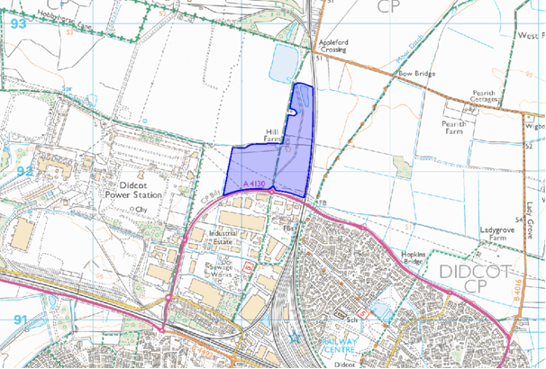 Map of Didcot and Appleford with Hill Farm highlighted in purple