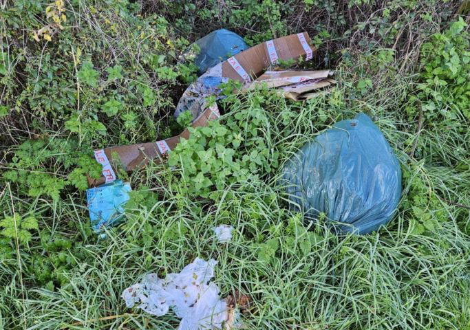 A pile of discarded items, including black plastic bags and cardboard, lies on the grass next to a metal gate that opens into a field. The setting appears to be rural with trees and a clear sky in the background, highlighting an instance of improper waste disposal in nature.