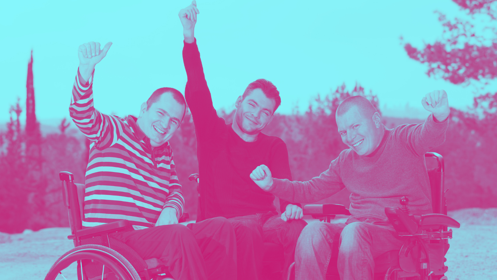 three individuals in wheelchairs with their arms in the air