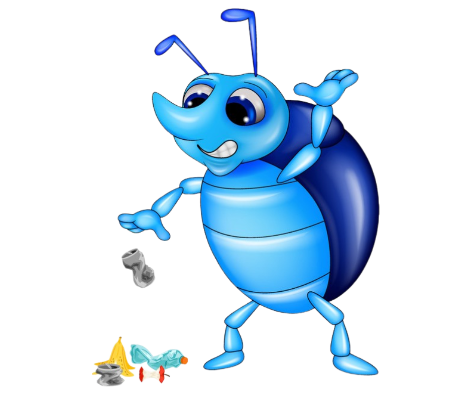 an image of a blue cartoon litter bug dropping litter